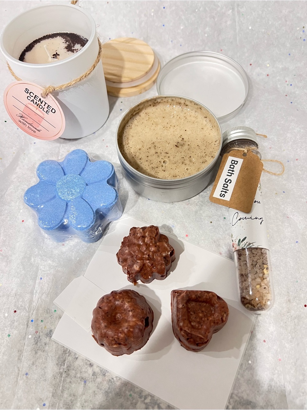 Handmade Coffee Bath & Spa Gift Set with Blue Flower Bath Bomb